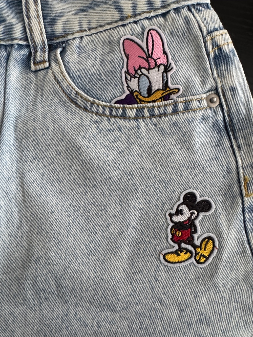 Light Wash Denim Women’s Shorts with Mickey & Friends Patches - Picture 3 of 5
